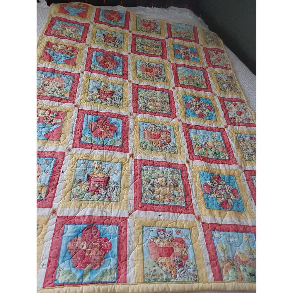 Childs Quilt For Crib, or Toddler Bed Kittens, Flowers, Bees